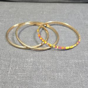 Gold Tone Bangle Bracelets Set (3 total, 1‎ beaded)